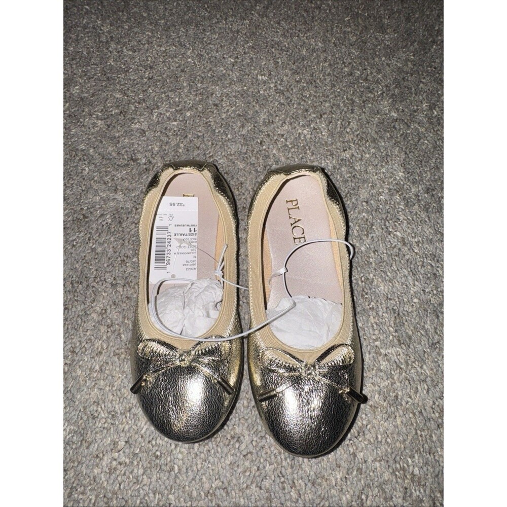 Girl's Shiney Gold Ballet Shoes Flats Bow The Children's Place Dress Sz 11 NWT